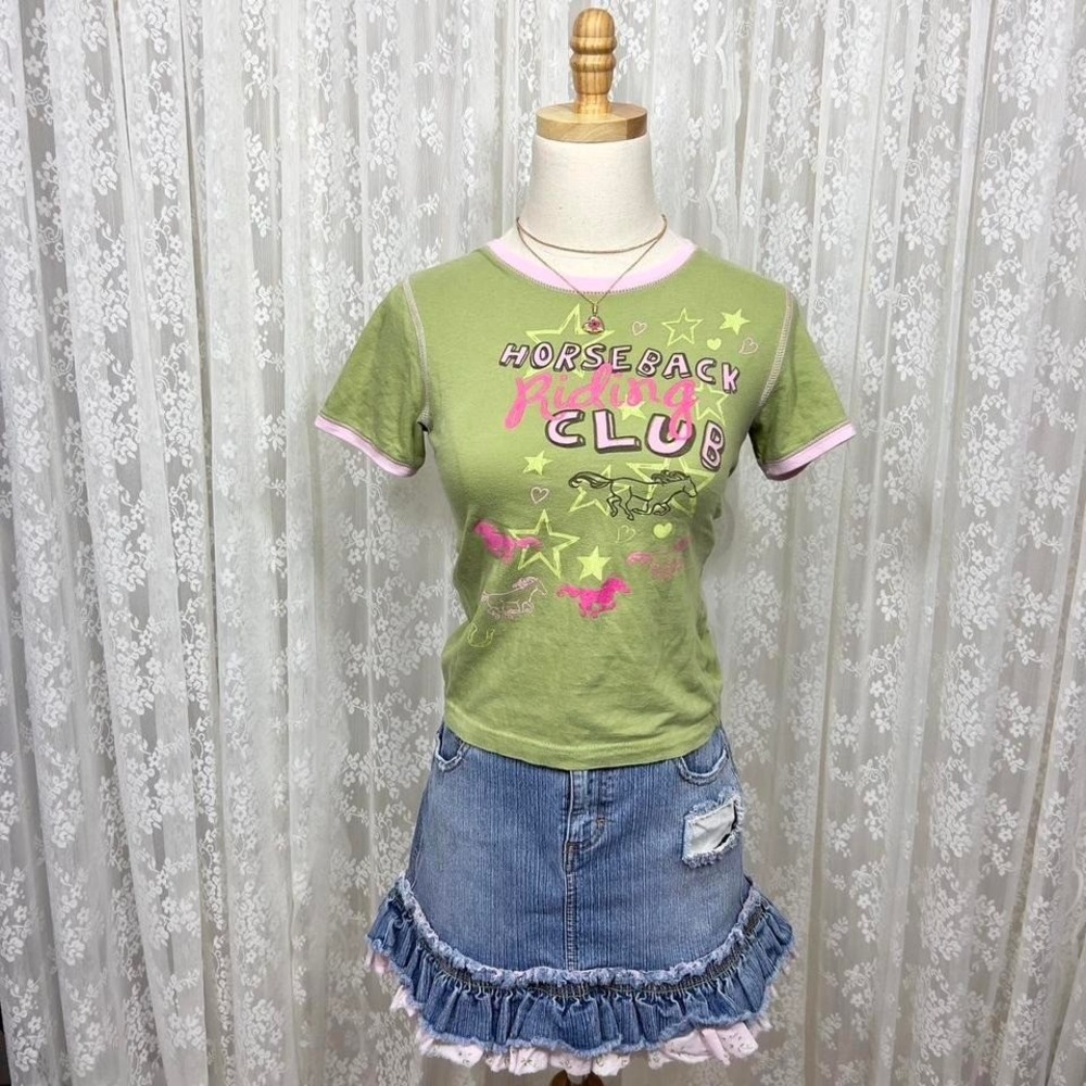 Vintage Y2K Green/Pink Horseback Riding Baby T Shirt XS Preppy Kidcore